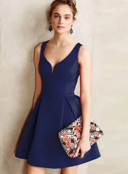 Navy V Neck Fit and Flare Mini Dress with Floral Print Clutch Bag