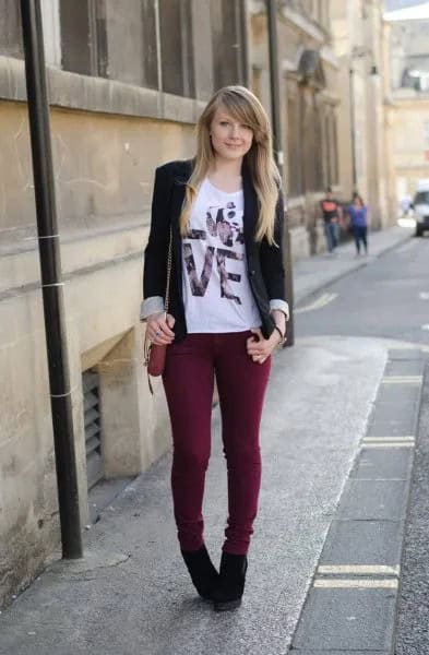 Black Blazer with White Print Tee & Skinny Jeans