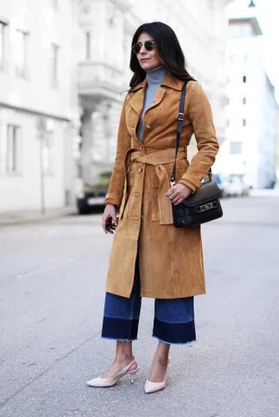 Camel Belted Midi Length Suede Coat with Blue Turtleneck Sweater