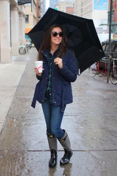 Navy Plaid Shirt with Blue Quilted Jacket