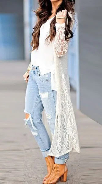 White Crochet Sheer Maxi Cardigan with Blue Boyfriend Jeans