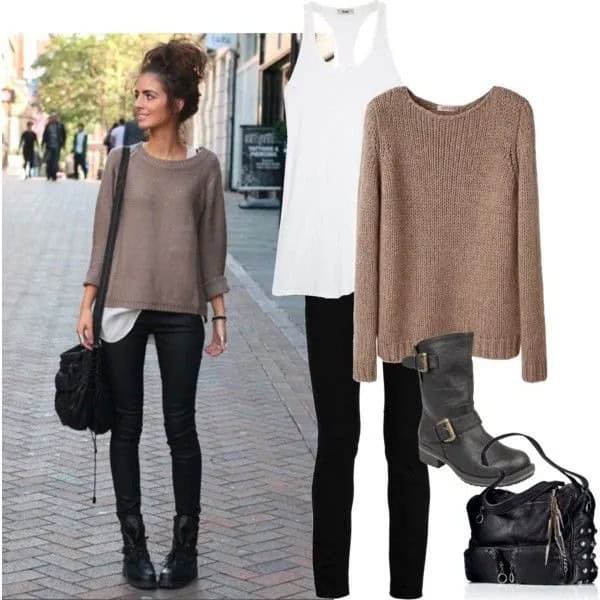 Grey Fitted Knit Sweater with Black Skinny Jeans & Ankle Biker Boots