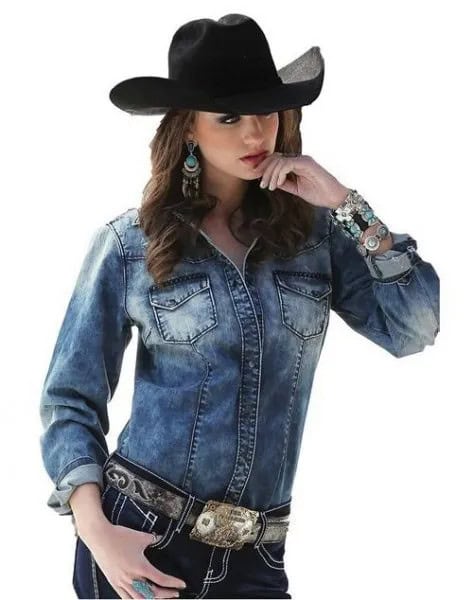 Black Cowboy Hat with Blue Denim Fitted Jacket