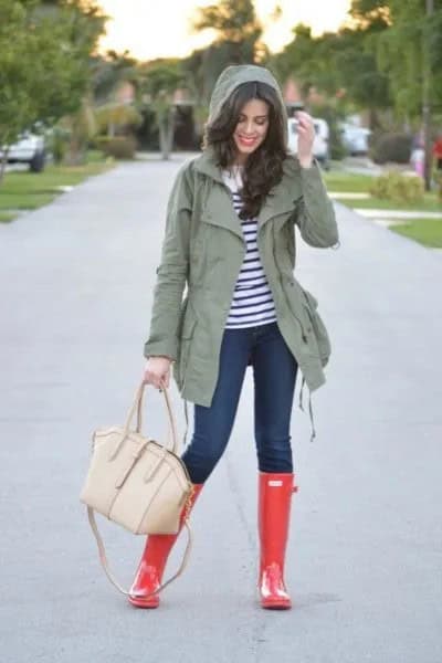 Grey Hooded Jacket with Navy and White Striped Long Sleeve Tee