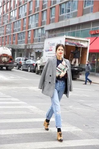 Grey Plaid Double Breasted Blazer with Black Top & Mom Jeans