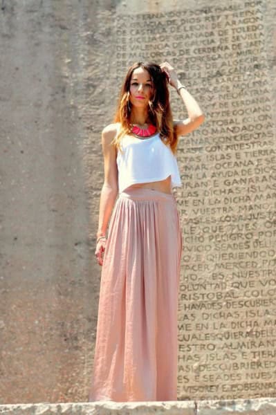 White Cropped Vest Top with Blush Pink Linen Maxi Skirt