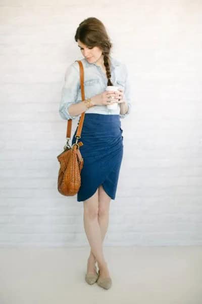 Navy Tulip Skirt with Chambray Shirt