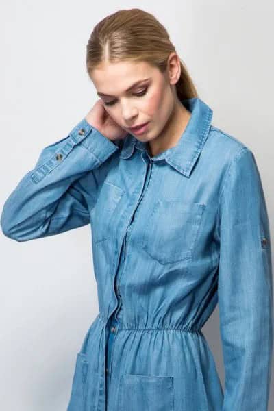 Denim Gathered Waist Maxi Jacket Dress