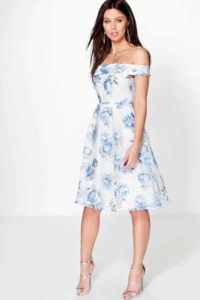 White and Blue Floral Skater Dress