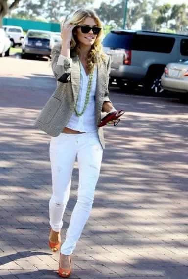 White Shirt with Matching Slim Cut Jeans & Orange Open Toe Shoes