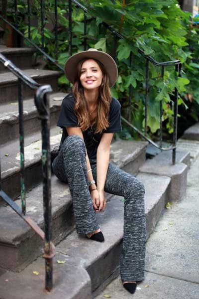 Black T Shirt with Grey Flared Knit Pants & Heels