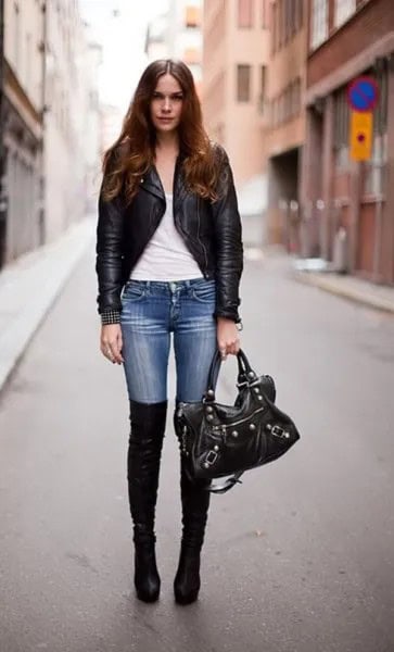 Black Slim Fit Leather Jacket with Blue Skinny Jeans & Flat Long Boots