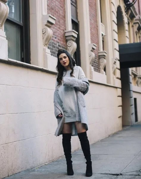 Grey Dress with Longline Wool Coat & Thigh High Boots