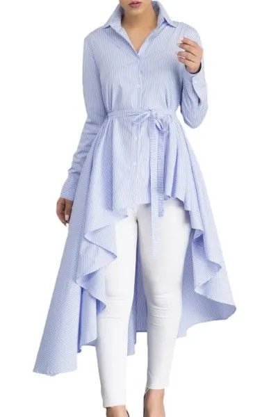 Light Blue Belted Button Up Peplum Top