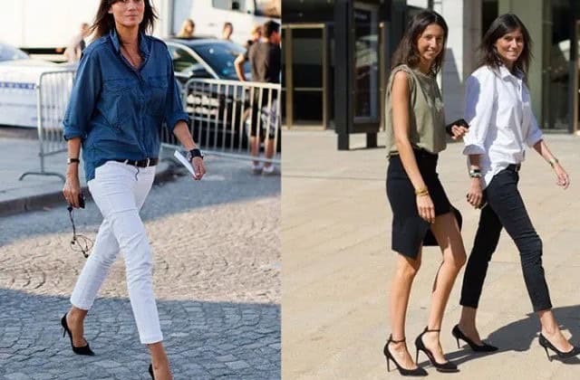 Blue Chambray Shirt with White Jeans & Black Kitten Heels