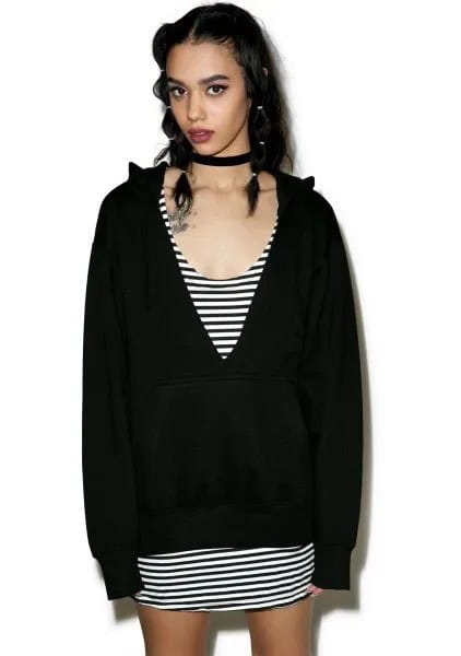 Black Cut Out Deep V Neck Hoodie with Striped Shift Mini Dress