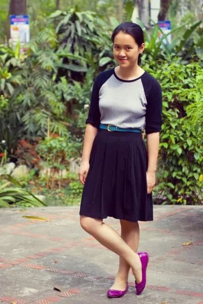 Baseball T Shirt with Black Knee Length Flared Skirt