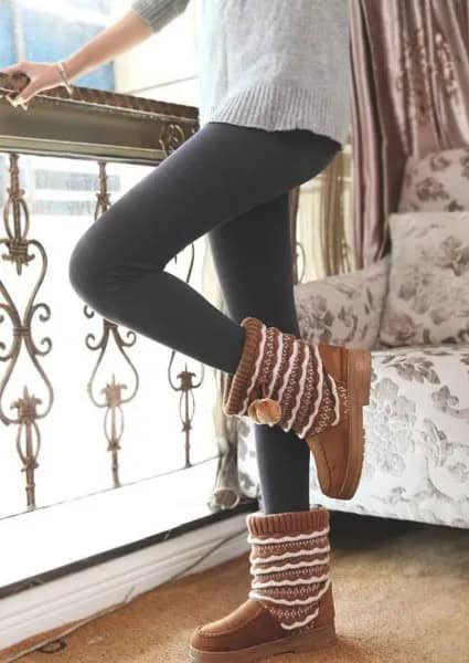 Grey Chunky Tunic Sweater with Black Leggings & Brown Ankle Boots