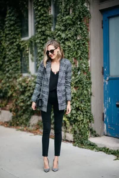 Grey Tweed Boyfriend Blazer with Black Skinny Jeans