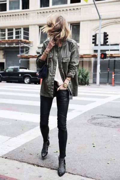 Grey Denim Jacket with Black Leather Leggings & Ankle Spiked Boots