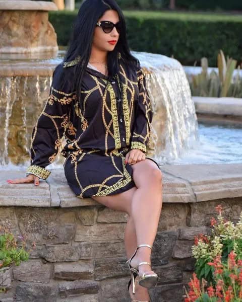 Black and Gold Mini Shirt Dress with Silver Open Toe Ankle Strap Heels