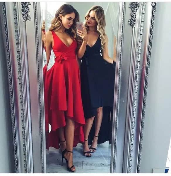 Red Deep V Neck Fit and Flare High Low Midi Occasion Dress