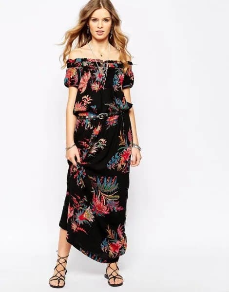 Black Gathered Waist Off The Shoulder Hawaiian Summer Long Dress