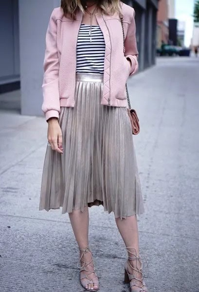 Light Grey Pleated Midi Skirt & Matching Bomber Jacket