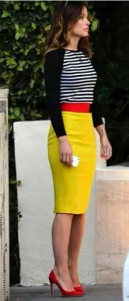 Wear with Black and White Striped Sweater & Lemon Yellow Midi Bodycon Skirt