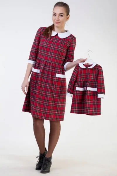 White Collar Red Plaid Gathered Waist Knee Length Dress