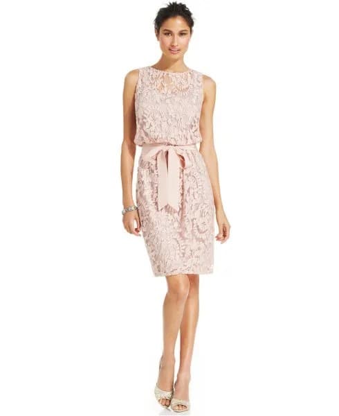 White Sleeveless Belted Lace Bodycon Knee Length Dress