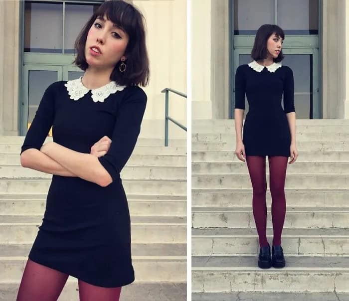 Black Half Sleeve Scalloped Collar Dress with Stockings & Oxford Shoes