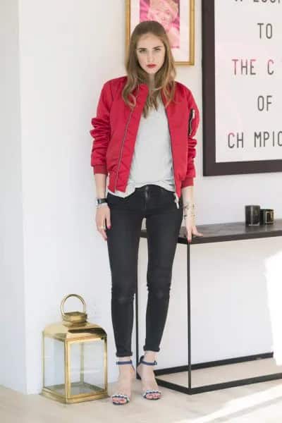 Red Bomber Jacket with White Tee & Black Cuffed Skinny Jeans