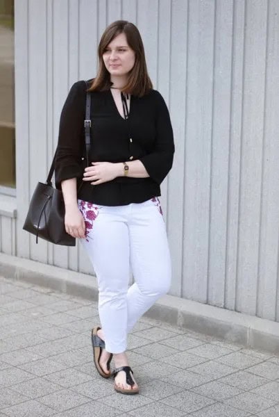 Black V Neck Blouse with Light Blue Embroidered Slim Fit Jeans