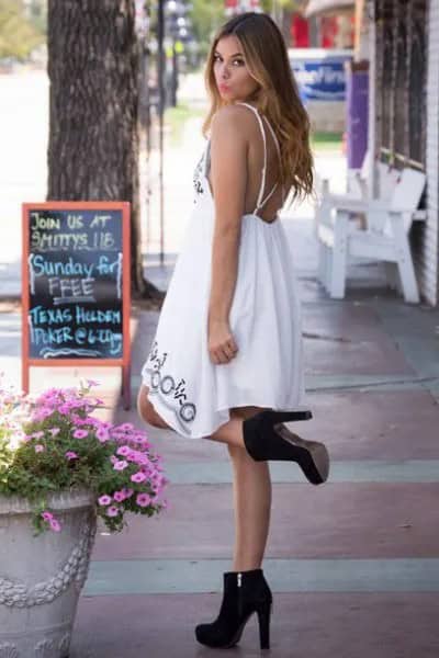 White Midi Babydoll Open Back Dress with Black Suede Ankle Boots