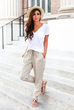 White V Neck Shirt with Pale Pink Linen Elastic Waist Pants