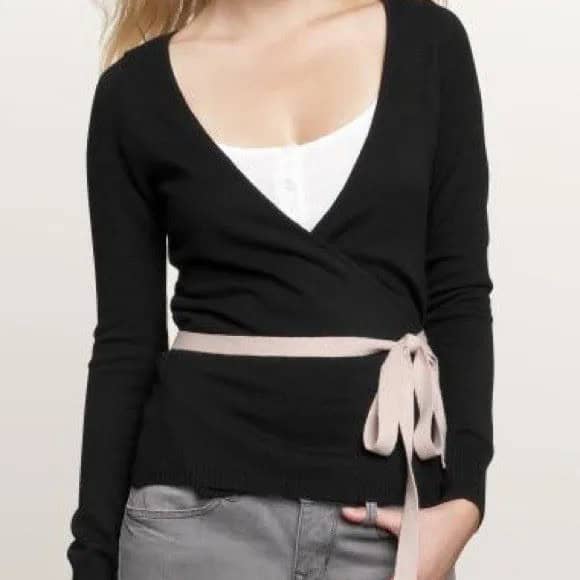 Black Ballet Wrap Sweater with Pink Ribbon Bow Belt