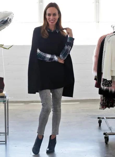 Black Cape Sweater with Plaid Shirt & Grey Cropped Pants