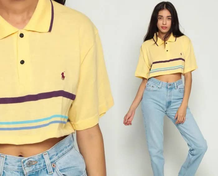 Light Yellow Cropped Polo Shirt with Mom Jeans