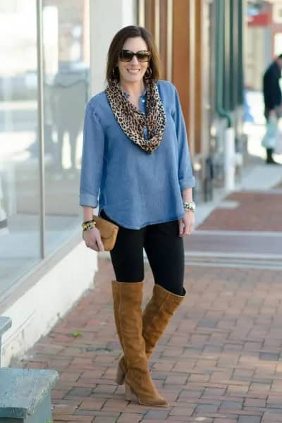 Chambray Shirt with Brown Suede Over The Knee Boots