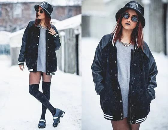 Wear with Black Oversized Baseball Jacket & Grey Sweatshirt Dress