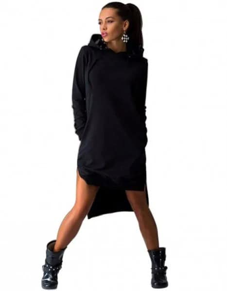 Black Hooded Sweatshirt Dress with Leather Ankle Boots