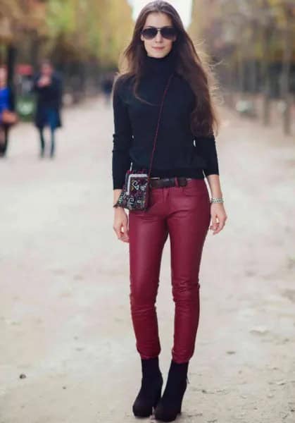 Black Turtleneck Sweater with Red Skinny Leather Pants