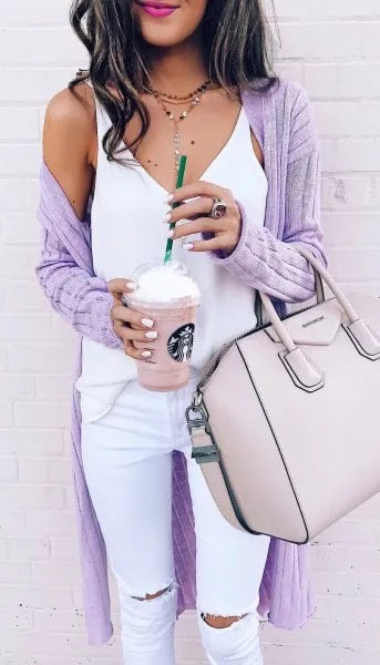 Purple Ribbed Long Cardigan with White Top & Jeans