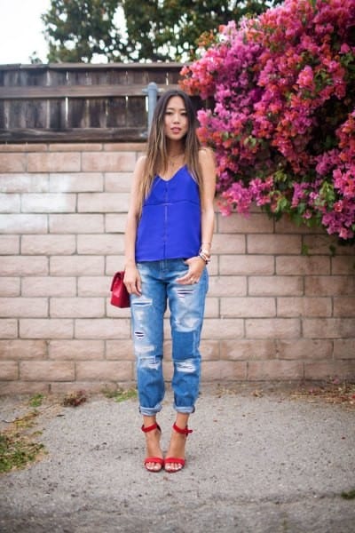 Royal Blue Vest Top with Boyfriend Jeans & Red Open Toe Strappy Heels