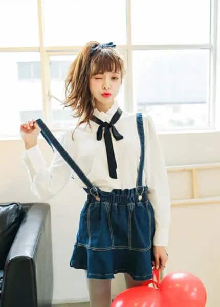 White Button Up Shirt with Black Bow Tie & Navy Plaid Suspender Skirt