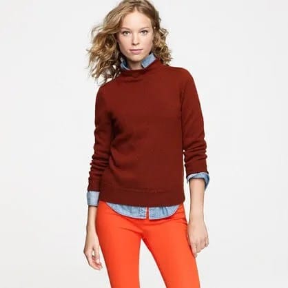 Red Mock Neck Sweater with Chambray Shirt