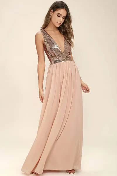 Silver Deep V Neck Sequin Top with Blush Pink Chiffon Pleated Floor Length Skirt