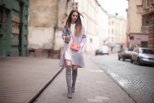 Suede Boots with White Sweater Dress & Grey Long Coat