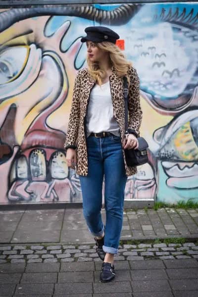 Black Cap with White Top & Cheetah Jacket